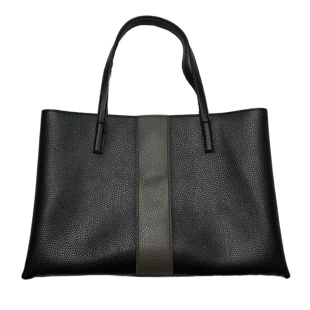 Vince Camuto Women’s Black Gray Stripe Pebbled Soft Vegan Leather Tote Bag